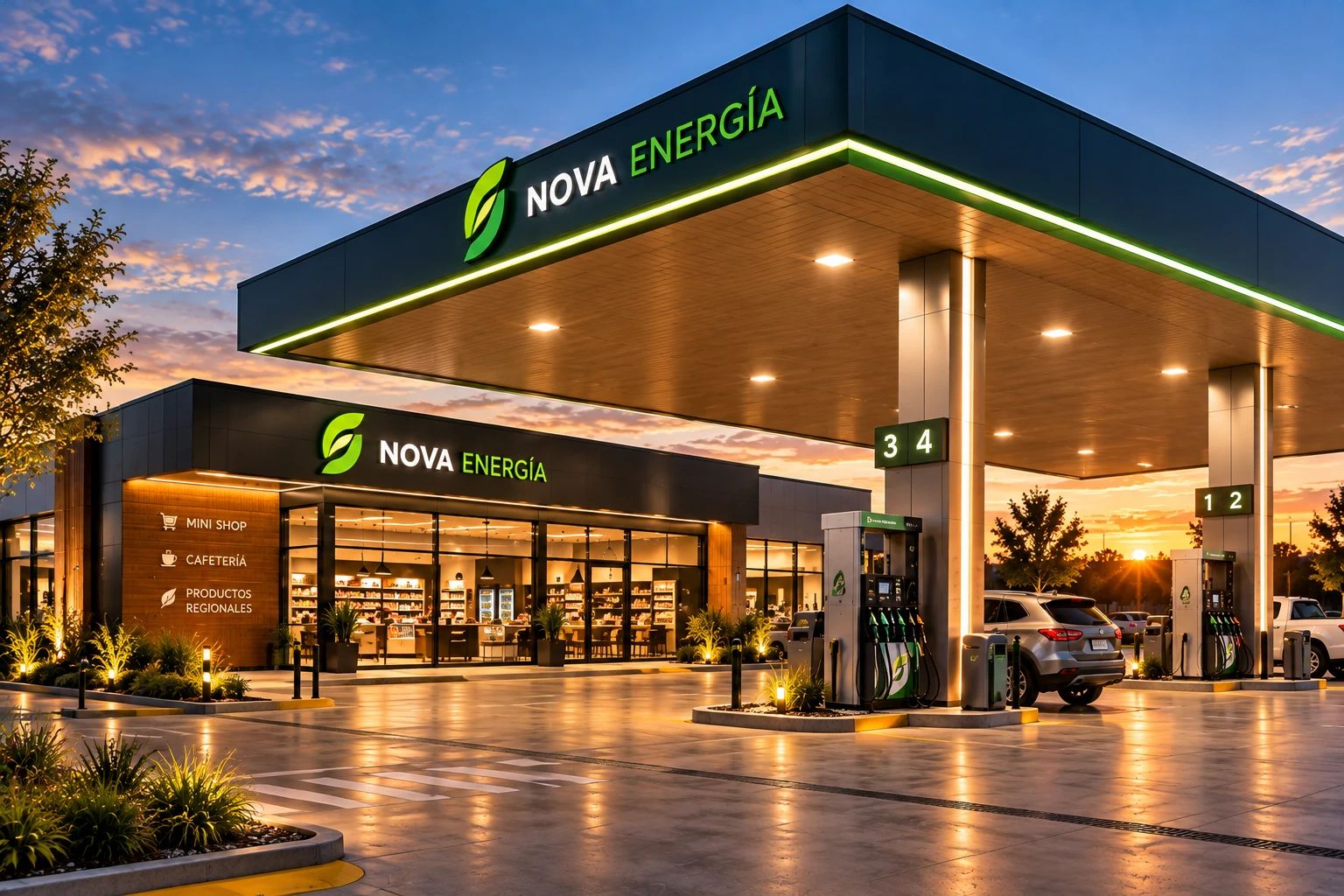 Estación de servicio con techo iluminado y corpóreos (imagen ilustrativa)